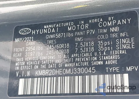 2021 Hyundai Palisade Sel из США, поврежденный, VIN KM8R2DHE0MU330045